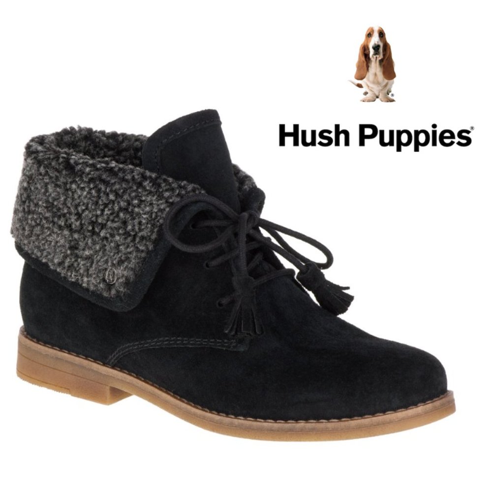 Hush Puppies Women's Suede Leather Ankle Black Boots Wool Lining